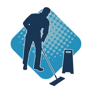 Temizlik işi yapan bir erkeğin silueti. Temizlik servisinin silueti paspas aracıyla yerleri süpürüyor.