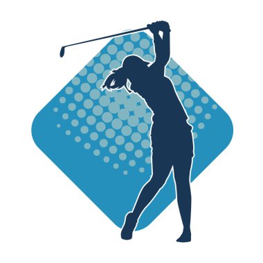 Golf oynayan bir kadının silüeti. Hareketli bir kadın golfçünün silueti..