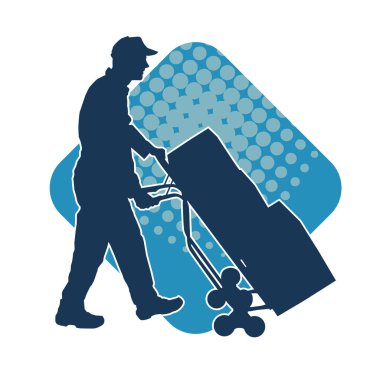 Depo çalışanının silueti bir lori çizelgesi ya da kutuları taşıyan bir el arabası. Bir teslimat işçisi ya da kurye silueti bir araba dolusu kutuyla poz vermiş..