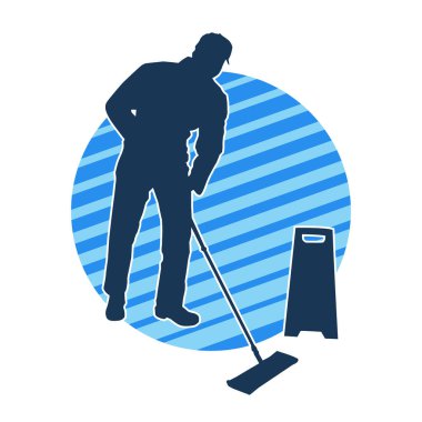 Temizlik işi yapan bir erkeğin silueti. Temizlik servisinin silueti paspas aracıyla yerleri süpürüyor.