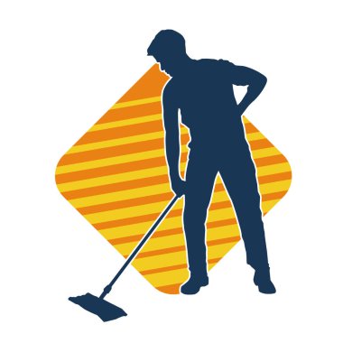 Temizlik işi yapan bir erkeğin silueti. Temizlik servisinin silueti paspas aracıyla yerleri süpürüyor.