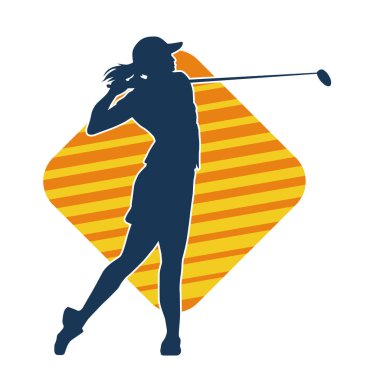 Golf oynayan bir kadının silüeti. Hareketli bir kadın golfçünün silueti..