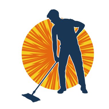 Temizlik işi yapan bir erkeğin silueti. Temizlik servisinin silueti paspas aracıyla yerleri süpürüyor.