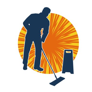 Temizlik işi yapan bir erkeğin silueti. Temizlik servisinin silueti paspas aracıyla yerleri süpürüyor.