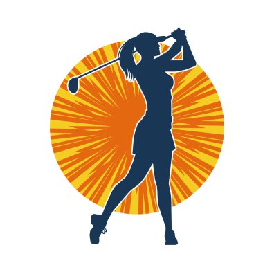 Golf oynayan bir kadının silüeti. Hareketli bir kadın golfçünün silueti..