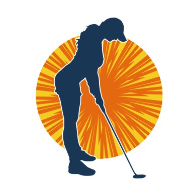 Golf oynayan bir kadının silüeti. Hareketli bir kadın golfçünün silueti..