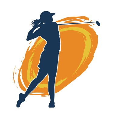 Golf oynayan bir kadının silüeti. Hareketli bir kadın golfçünün silueti..