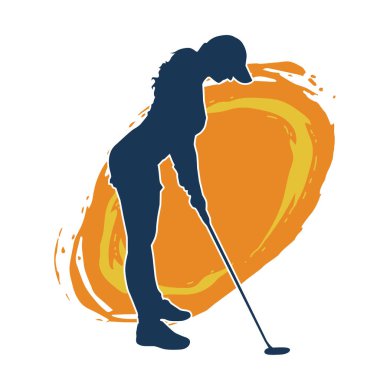 Golf oynayan bir kadının silüeti. Hareketli bir kadın golfçünün silueti..