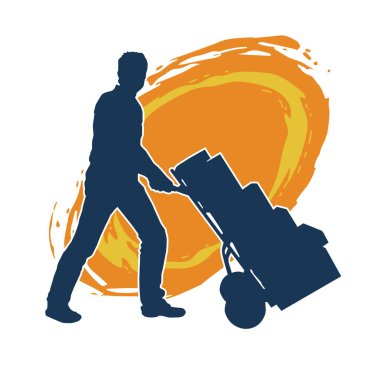 Depo çalışanının silueti bir lori çizelgesi ya da kutuları taşıyan bir el arabası. Bir teslimat işçisi ya da kurye silueti bir araba dolusu kutuyla poz vermiş..