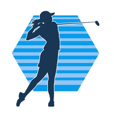 Golf oynayan bir kadının silüeti. Hareketli bir kadın golfçünün silueti..