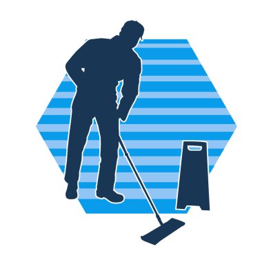 Temizlik işi yapan bir erkeğin silueti. Temizlik servisinin silueti paspas aracıyla yerleri süpürüyor.