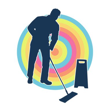 Temizlik işi yapan bir erkeğin silueti. Temizlik servisinin silueti paspas aracıyla yerleri süpürüyor.
