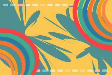 Renk sıçratma kolajı ve dalgalı gökkuşağı renk çizgileriyle soyut arkaplan. 