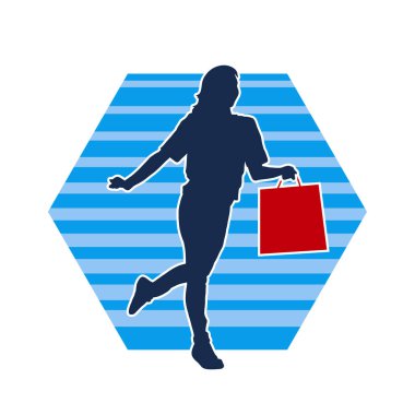 Sıska, genç bir kadının silüeti. Elinde alışveriş torbaları var. Modaya uygun bir kadın müşterinin silueti..