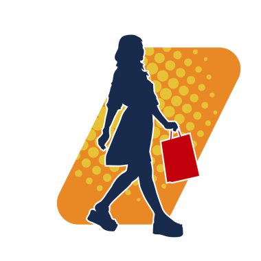 Sıska, genç bir kadının silüeti. Elinde alışveriş torbaları var. Modaya uygun bir kadın müşterinin silueti..