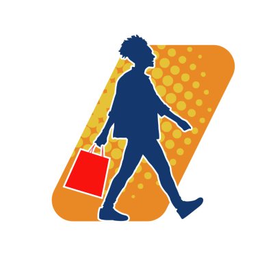 Sıska, genç bir kadının silüeti. Elinde alışveriş torbaları var. Modaya uygun bir kadın müşterinin silueti..