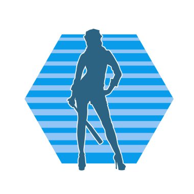 İnce bir kadın modelin silueti polis memuru kostümü giymiş beyzbol sopası taşıyor.