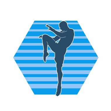 Hareketli erkek kickboksör atletinin silueti. Tekme atan bir adamın silueti..