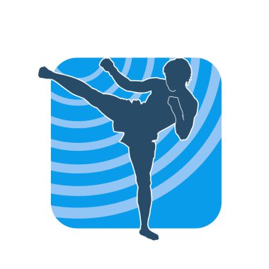 Hareketli erkek kickboksör atletinin silueti. Tekme atan bir adamın silueti..