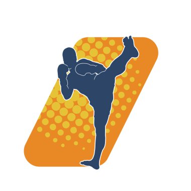Hareketli erkek kickboksör atletinin silueti. Tekme atan bir adamın silueti..