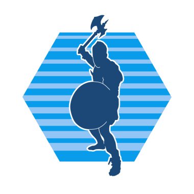 Muharebe halindeki bir savaşçının silueti savaş baltası ve demir kalkanla poz verir.