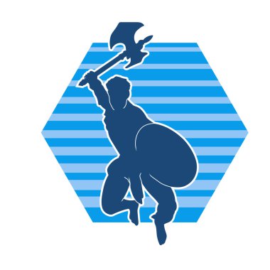 Muharebe halindeki bir savaşçının silueti savaş baltası ve demir kalkanla poz verir.