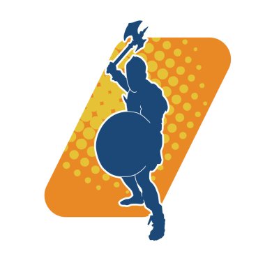 Muharebe halindeki bir savaşçının silueti savaş baltası ve demir kalkanla poz verir.