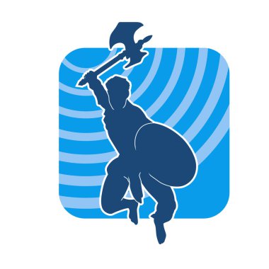 Muharebe halindeki bir savaşçının silueti savaş baltası ve demir kalkanla poz verir.