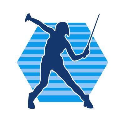 Bir kadın savaşçının silueti kılıç ile hareket halindeyken poz veriyor. Kılıcıyla bir kadın kahramanın silüeti..