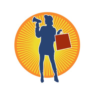 Sıska, genç bir kadının silüeti. Elinde alışveriş torbaları var. Modaya uygun bir kadın müşterinin silueti..