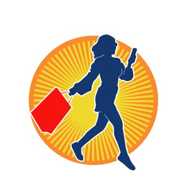 Sıska, genç bir kadının silüeti. Elinde alışveriş torbaları var. Modaya uygun bir kadın müşterinin silueti..