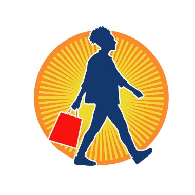 Sıska, genç bir kadının silüeti. Elinde alışveriş torbaları var. Modaya uygun bir kadın müşterinin silueti..