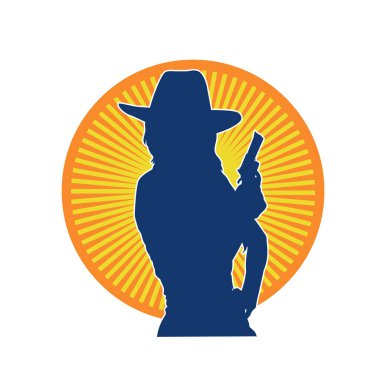 Elinde tabanca tutan bir kovboy kızın silüeti. Bir kadın şerifin silueti tabanca taşıyor..