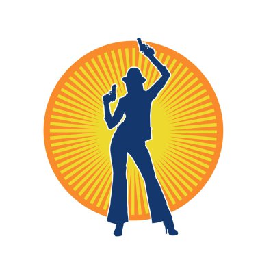 Uzun pantolon ve fötr şapka giyen zayıf bir kadın modelin silueti. Tabancayla poz veriyor..