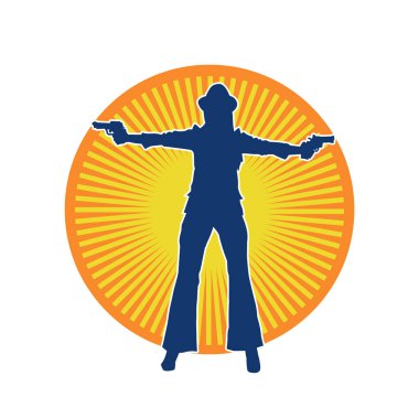 Uzun pantolon ve fötr şapka giyen zayıf bir kadın modelin silueti. Tabancayla poz veriyor..