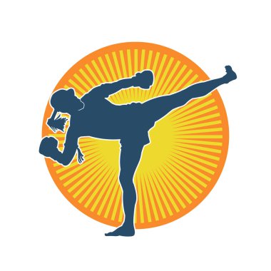 Hareketli erkek kickboksör atletinin silueti. Tekme atan bir adamın silueti..