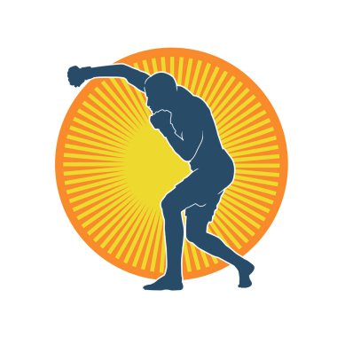 Erkek boks atletinin silueti iş başında. Boks sporu için eldiven giyen kaslı bir adamın silueti..