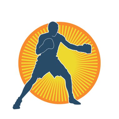 Erkek boks atletinin silueti iş başında. Boks sporu için eldiven giyen kaslı bir adamın silueti..