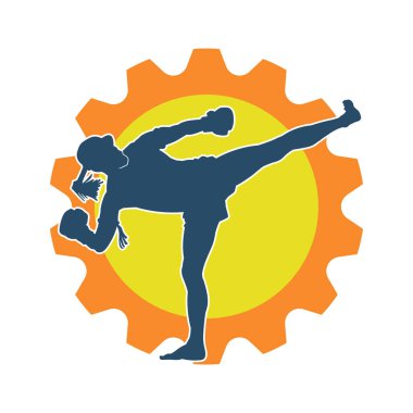 Hareketli erkek kickboksör atletinin silueti. Tekme atan bir adamın silueti..