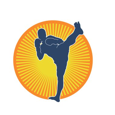 Hareketli erkek kickboksör atletinin silueti. Tekme atan bir adamın silueti..