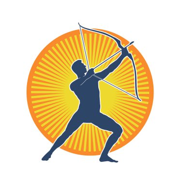 Hareketli erkek okçu savaşçısının silueti. Okçuluk silahı taşıyan bir adamın silueti..