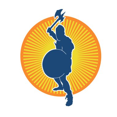 Muharebe halindeki bir savaşçının silueti savaş baltası ve demir kalkanla poz verir.