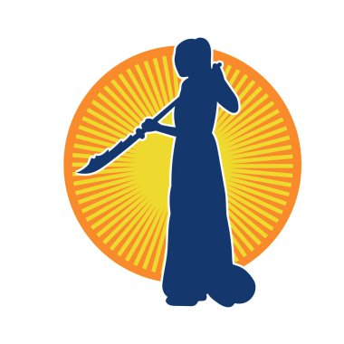 Bir kadın savaşçının silueti Polearm fauchard silahıyla poz veriyor.