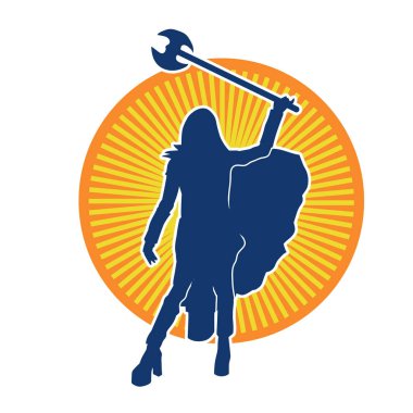 Savaşta pelerin giymiş, savaş baltası taşıyan bir kadın savaşçının silueti..