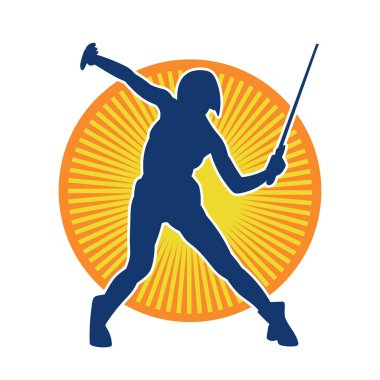 Bir kadın savaşçının silueti kılıç ile hareket halindeyken poz veriyor. Kılıcıyla bir kadın kahramanın silüeti..