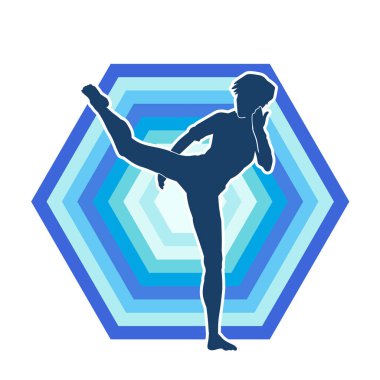 Dövüş sanatları tekmesi atan bir kadının silueti. Sportif bir kadının silueti tekme hareketi yapıyor..
