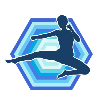 Dövüş sanatları tekmesi atan bir kadının silueti. Sportif bir kadının silueti tekme hareketi yapıyor..