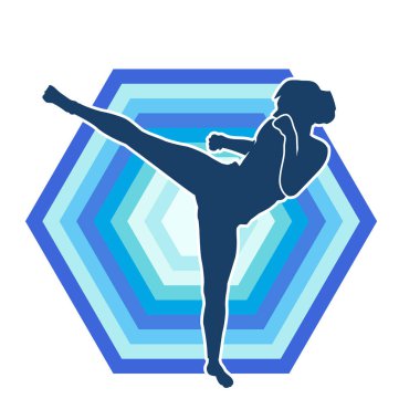 Dövüş sanatları tekmesi atan bir kadının silueti. Sportif bir kadının silueti tekme hareketi yapıyor..