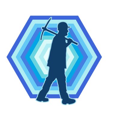 Görev sırasında baltayla dolaşan işçi kostümlü bir adamın silüeti. Bir madencinin hareket halindeki silueti balta aracı ile poz verir.