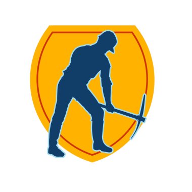 Görev sırasında baltayla dolaşan işçi kostümlü bir adamın silüeti. Bir madencinin hareket halindeki silueti balta aracı ile poz verir.